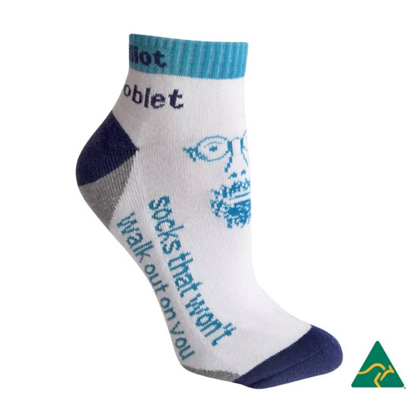 A pair of white anklet socks with a blue band featuring a logo.