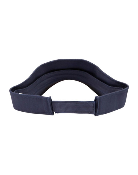 A navy blue sandwich visor with a curved brim and adjustable band. It has a logo on the side.