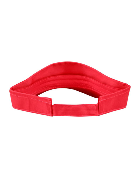 A red visor with a wide band and adjustable strap, featuring a logo on the side.