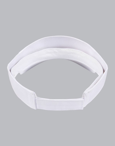 A white sandwich visor featuring a simple, sleek design. It has a logo on the band.