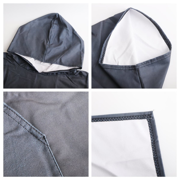 A grey hooded change towel made of 100% microfibre featuring a soft inner lining and stitched seams, with a logo present.