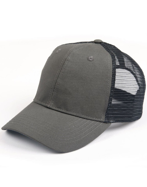 A premium cotton twill trucker cap in grey with a black mesh back and a curved peak.