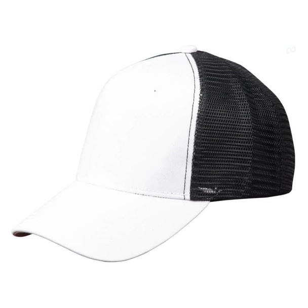 A black and white Premium Cotton Twill Trucker Cap with a solid front and mesh back, featuring a logo.