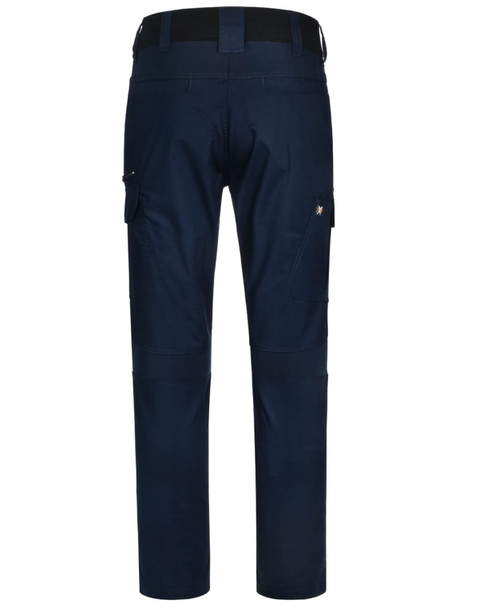 Navy stretch work pants with a fitted design, featuring multiple pockets and a logo on the back.