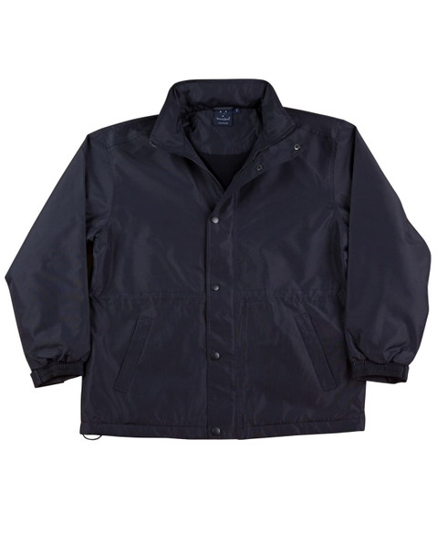 A black varsity jacket with a contrast collar and cuffs. The jacket has a logo and is made from a smooth material.