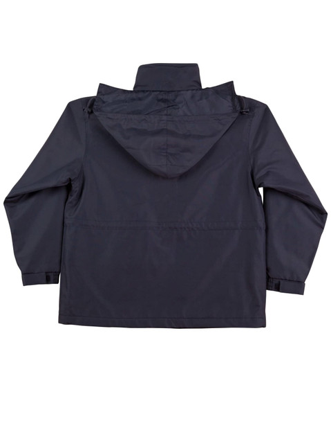 A kids' varsity jacket in navy blue with a hood and a simple back design. It features a logo.
