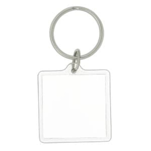 A square acrylic keychain with a silver metal ring, featuring a clear, blank surface.