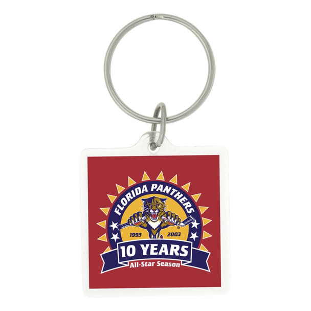 A square acrylic keychain featuring a logo on a red background with a ring for attachment.