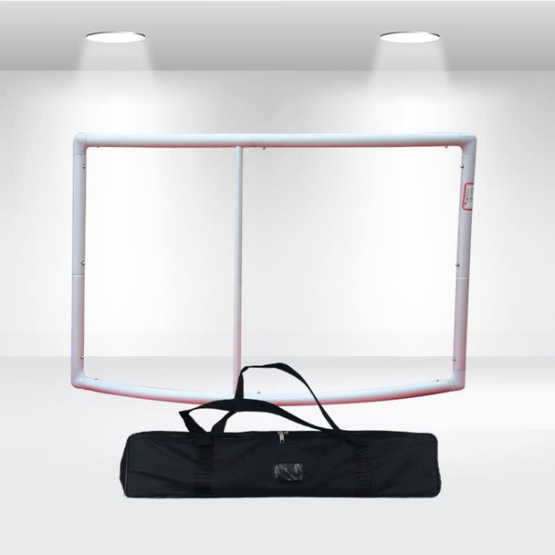 A tabletop tension fabric display frame in white, accompanied by a black carrying bag.