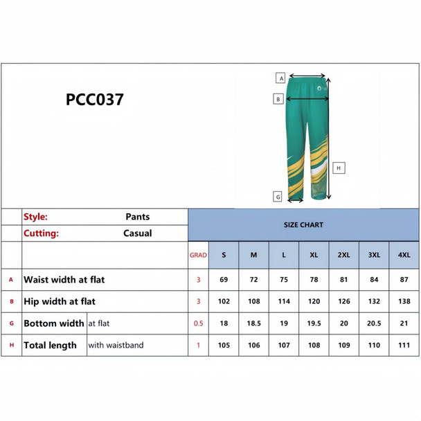 Green and yellow unisex adult pants with a casual cut, featuring a waist and hip width size chart and a logo.