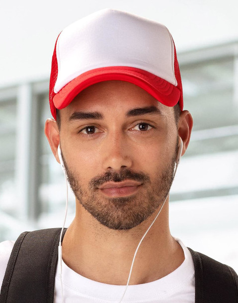 A red and navy trucker cap featuring a mesh back and a structured front panel. It has a branding logo.