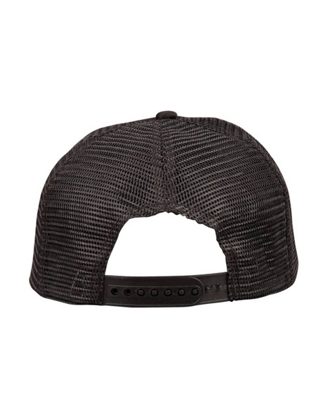 A black trucker cap with a mesh design at the back and an adjustable strap. Features a logo on the side.