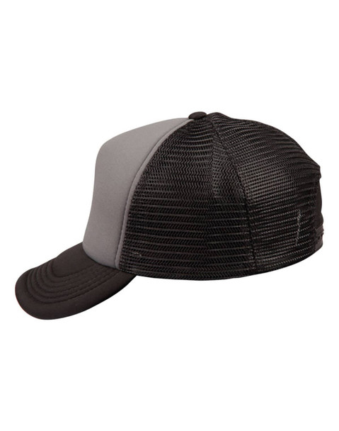 A black and grey trucker cap with a mesh back and a curved brim. Features a logo on the side.