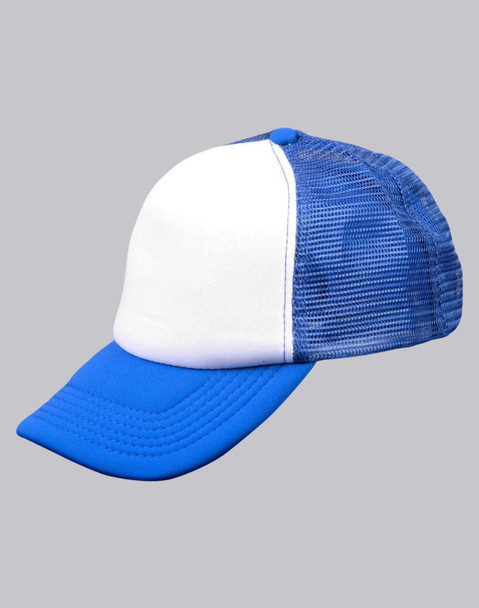 A blue and white trucker cap with a structured front and mesh back. It features a logo on the front.