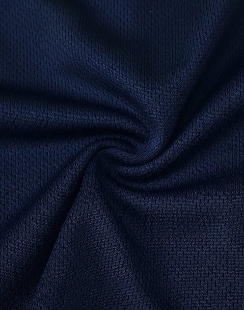 A close-up of navy fabric with a textured mesh pattern, suitable for polo shirts. The image features a logo.