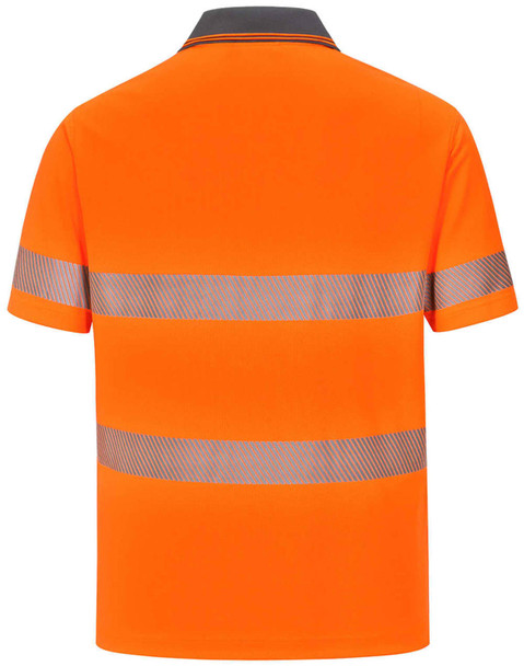 A bright orange unisex short-sleeve polo shirt featuring reflective segmented stripes and a grey collar.