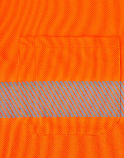 An orange safety polo shirt featuring a reflective stripe and a pocket on the front.
