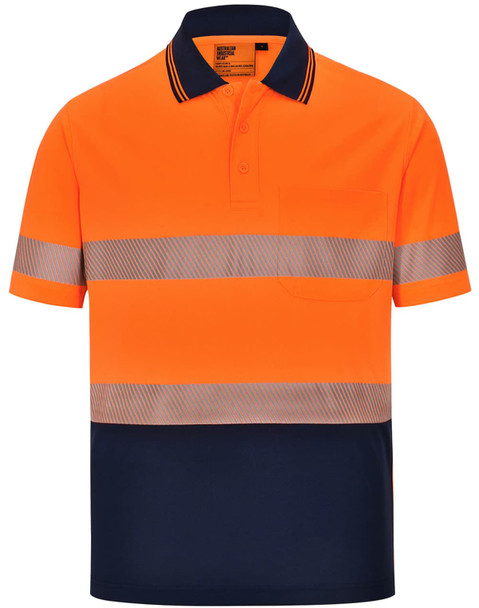 Unisex orange and navy segmented safety polo shirt with reflective stripes and a pocket. Features a logo.