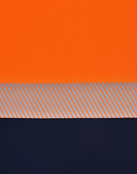 Unisex Cooldry segmented safety polo featuring an orange upper section and a navy lower section with a striped pattern.