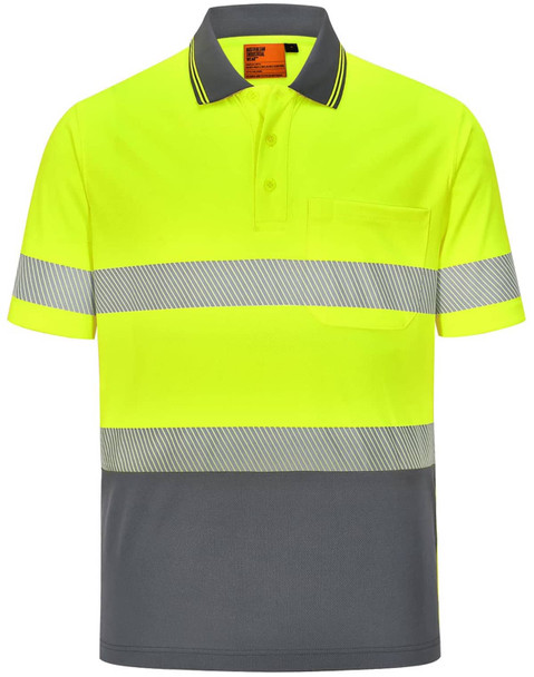 A unisex cooldry segmented safety polo shirt in bright yellow with grey stripes and a pocket. It features a logo.