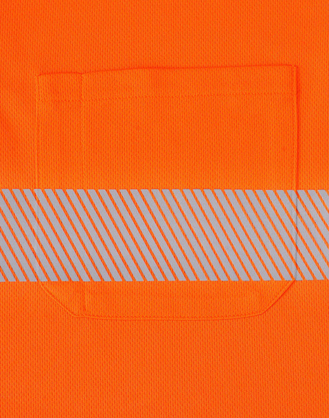 An orange long-sleeve polo shirt featuring a reflective striped band and a pocket.