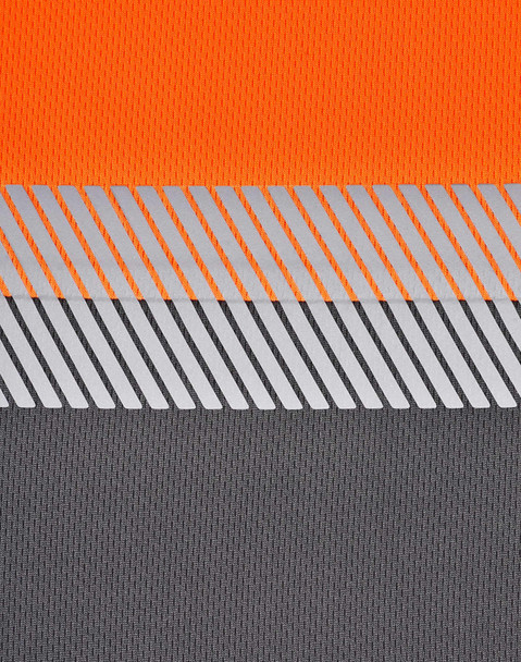 A segmented fabric featuring bright orange and grey tones with reflective stripes, ideal for work polo shirts.