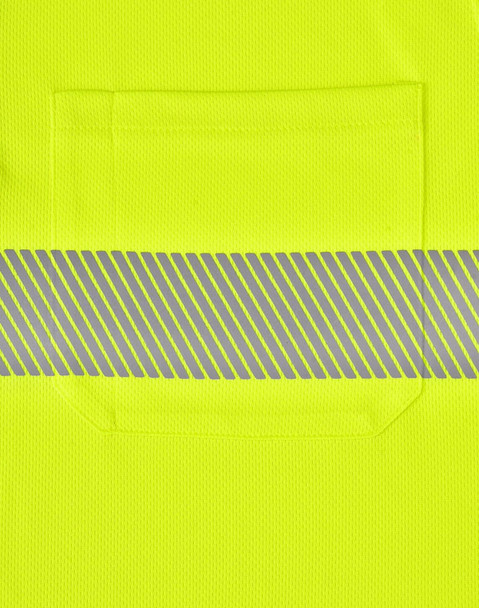 A bright yellow unisex long-sleeve polo shirt with a reflective striped band and a pocket on the front.