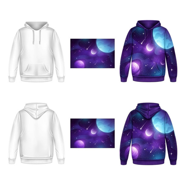 A white hoodie and a purple space-themed hoodie with a graphic of planets and stars, featuring a pocket.