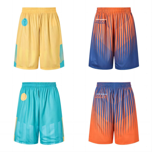Reversible basketball shorts in yellow and teal, and blue and orange, with a logo on each pair.