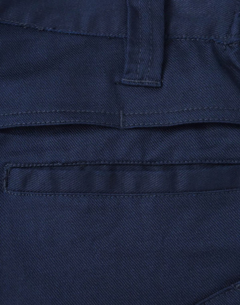 Navy blue unisex cotton stretch ripstop work shorts with a back pocket and a waistband. Features a logo.