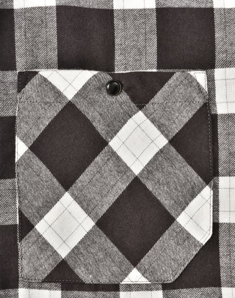 A black and white checked flannel plaid shirt featuring a chest pocket with a button. The fabric has a soft texture.