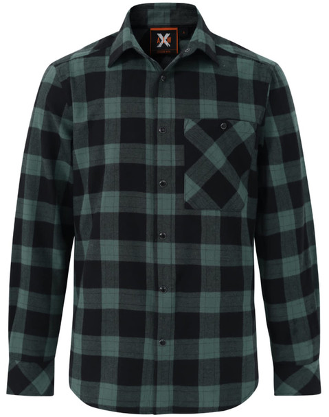 A unisex flannel plaid shirt in black and green with a button-up front and a chest pocket. Features a logo.