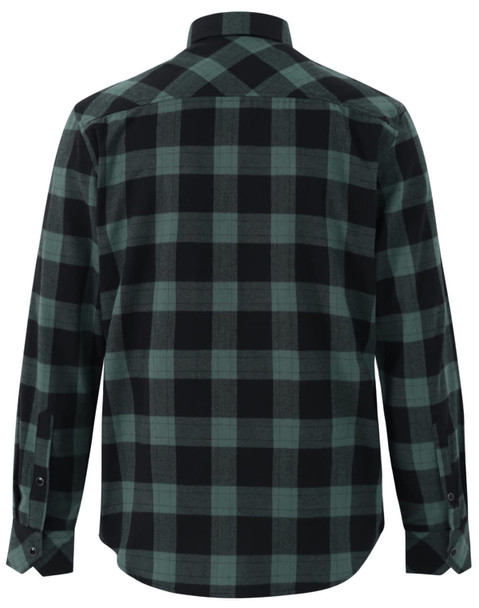 A unisex flannel shirt in black and dark green plaid with long sleeves and a button-up design.