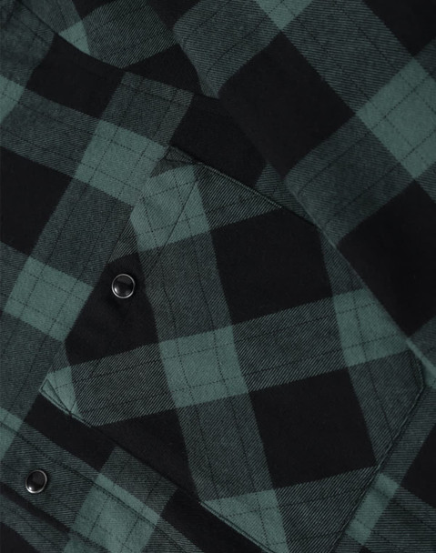 A close-up of a unisex flannel plaid shirt featuring a black and dark green check pattern with button details.