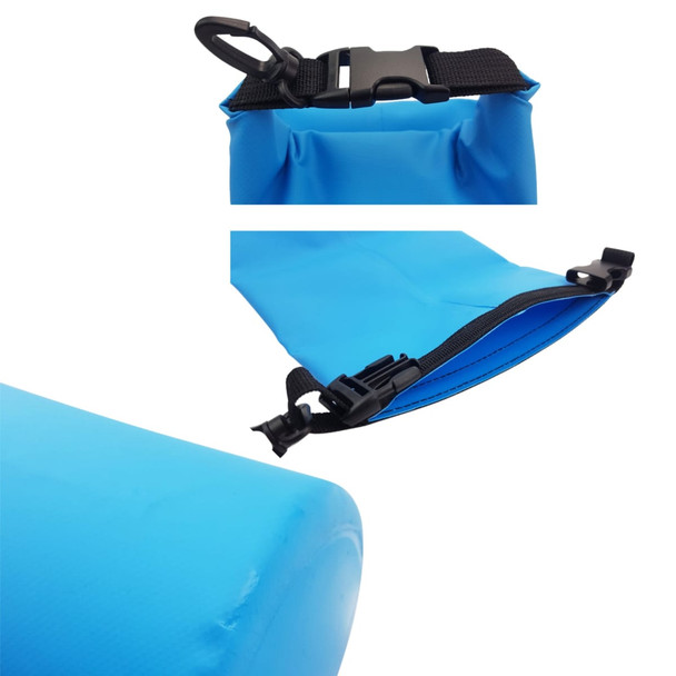 A waterproof dry bag in bright blue, featuring a secure clip closure and adjustable strap. It has a small logo.
