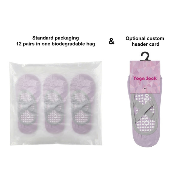 A biodegradable bag containing 12 pairs of grey and lavender Yoga Socks, with an optional custom header card displayed.