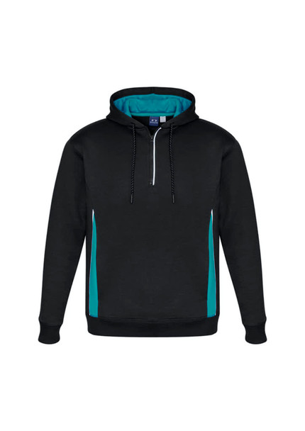 A unisex hoodie in black with teal accents and a front zip. It features a hood and a logo on the label.
