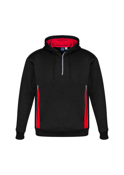 A black unisex hoodie with red accents and a zippered neckline, featuring a logo on the front.
