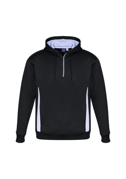 A black unisex hoodie with white side panels and a front zipper. It features a hood and has a logo.