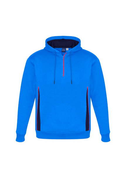 A blue unisex hoodie features a front zipper, with black and red accents along the sides and a logo on the chest.