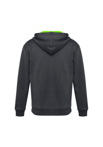 A dark grey kids' hoodie with a green interior hood and a logo. Suitable for casual wear.