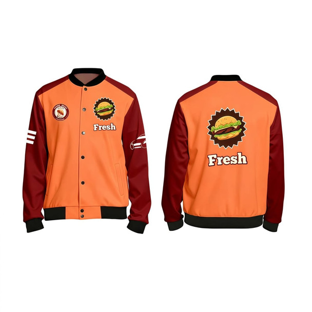 An orange and burgundy unisex varsity jacket featuring a logo and graphic on the front and back.