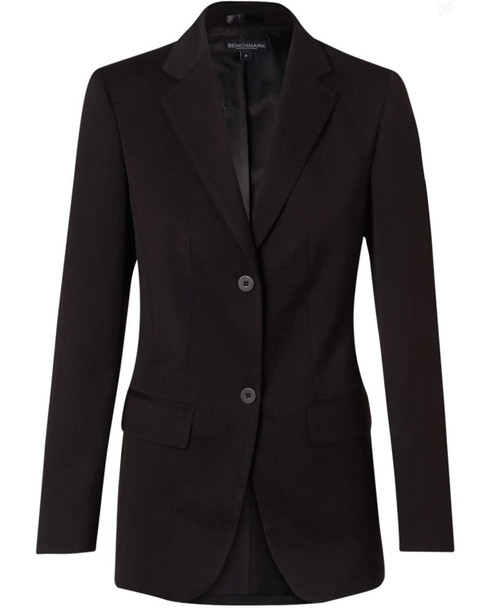 A black mid-length jacket with two buttons and a fitted design. Features pockets and a logo on the label.