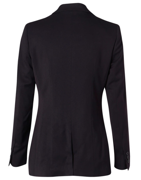 A mid-length women's black jacket with two buttons and long sleeves, featuring a fitted design and back seam detailing.