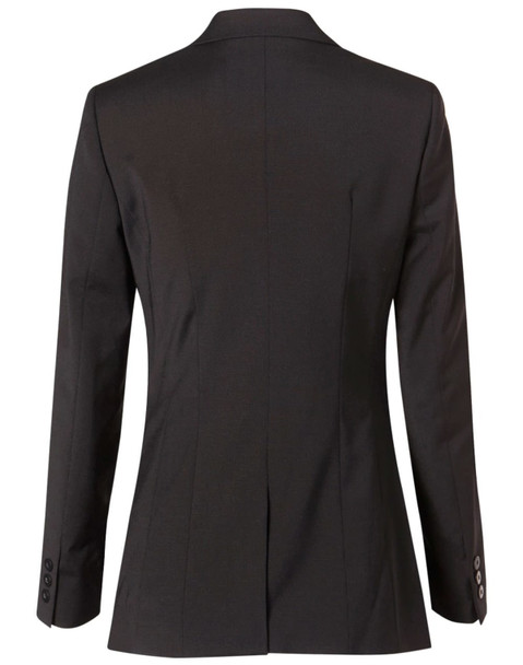 A women's mid-length jacket in black, featuring a tailored fit and a back vent. Includes button details on the sleeves.