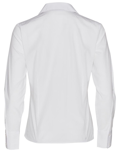 A white women's long sleeve button-up shirt featuring a classic collar and a logo on the back.