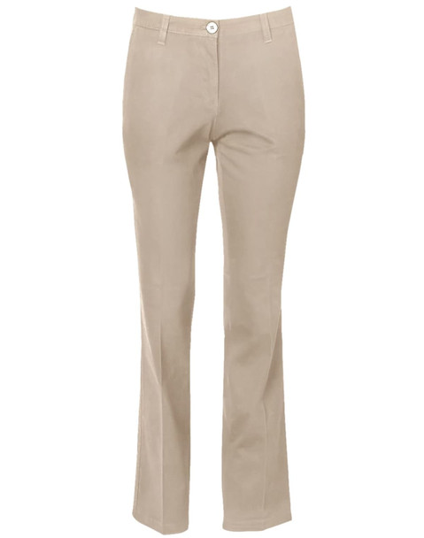 Women’s chino pants in a light beige colour, featuring a button closure and a slight flare at the hems.