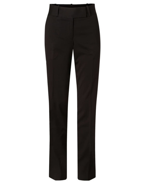 Women’s low rise pants in black poly/viscose stretch fabric, featuring a tailored design and a waistband.