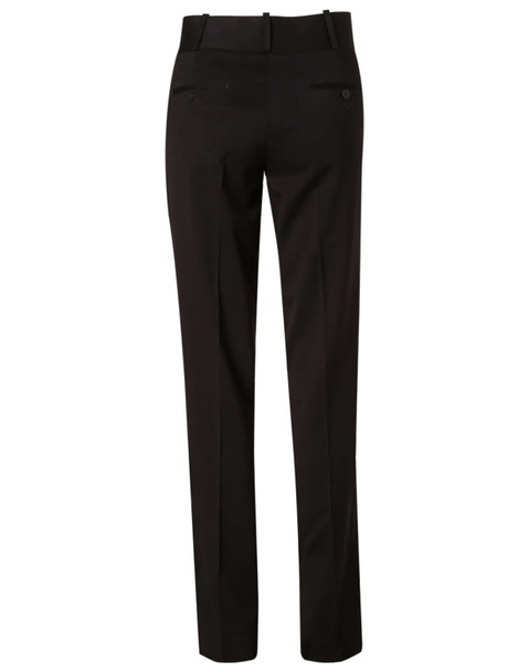A pair of women's low rise pants in black, made from poly/viscose stretch, featuring a fitted design and back pockets.