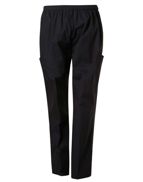 Unisex black scrub pants with an elastic waistband and side pockets, featuring a logo.